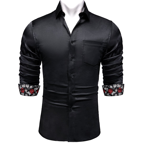 Splicing Style Black with White Floral Edge Men's Solid Long Sleeve Shirt