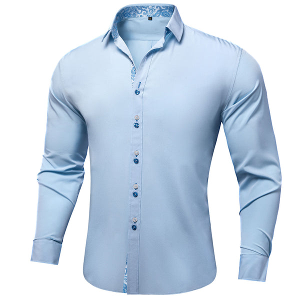 Splicing Style Baby Blue with Blue Paisley Edge Men's Long Sleeve Shirt