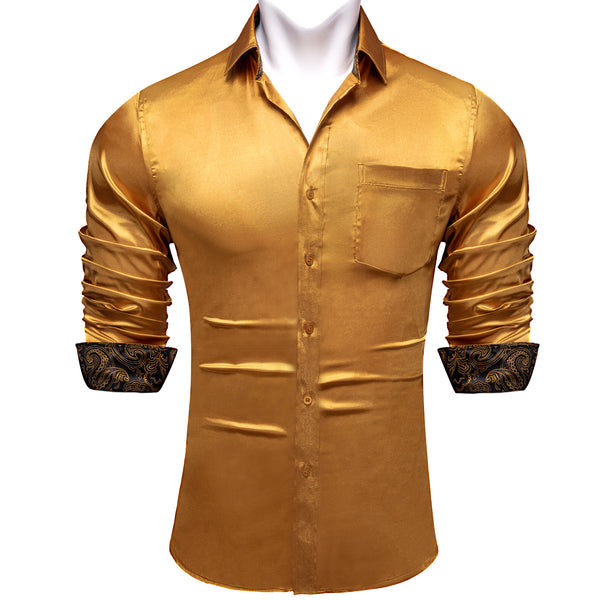 Splicing Style Golden with Black Paisley Edge Men's Solid Long Sleeve Shirt