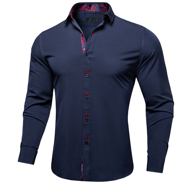 Splicing Style Dark Blue with Red Floral Edge Men's Long Sleeve Shirt