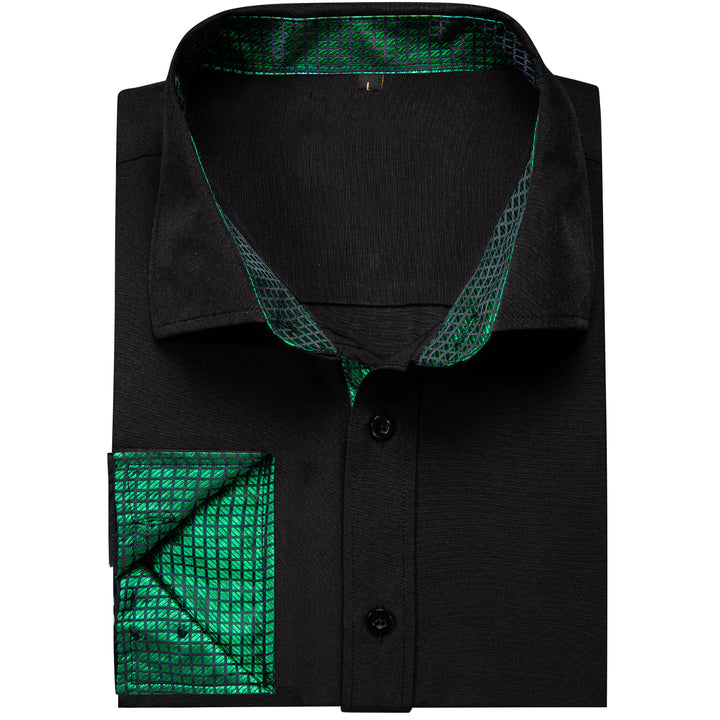 Black with Green Plaid Edge Men's Solid Long Sleeve Shirt