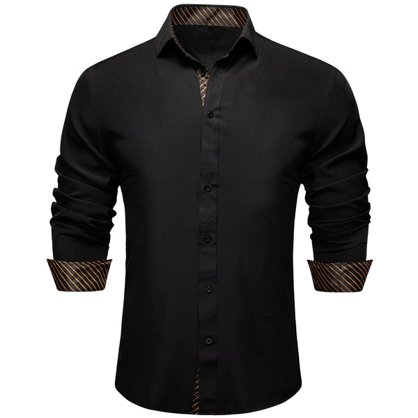 Splicing Style Black with Golden Striped Edge Men's Solid Long Sleeve Shirt