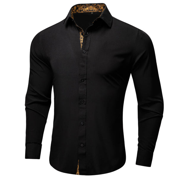 Splicing Style Black with Golden Floral Edge Men's Solid Long Sleeve Shirt