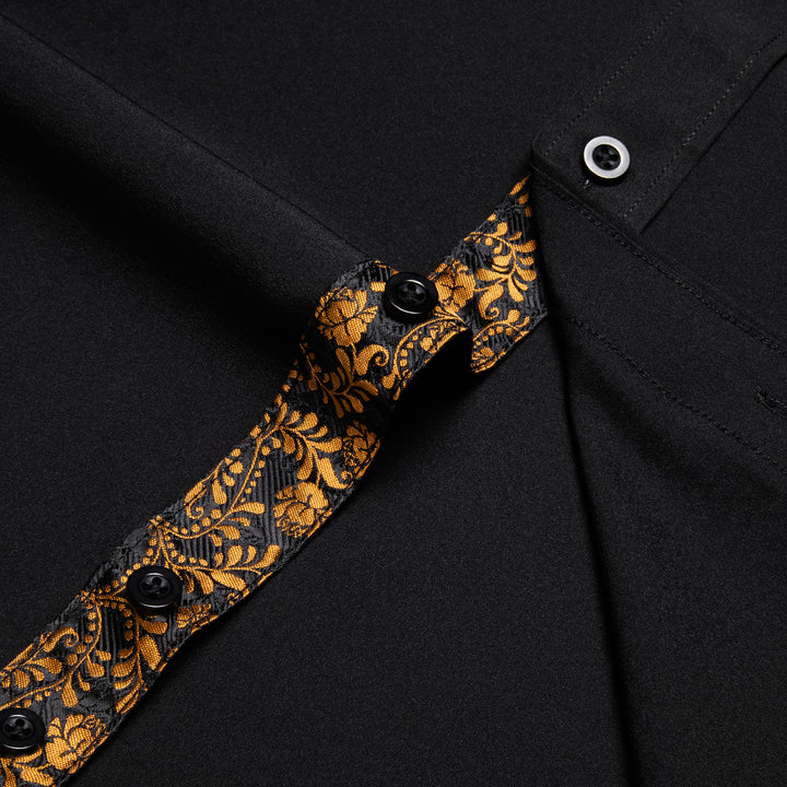Black with Golden Floral Edge Men's Solid Long Sleeve Shirt