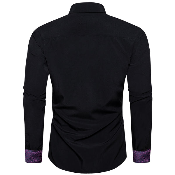 Splicing Style Black with Purple Novelty Edge Men's Solid Long Sleeve Shirt