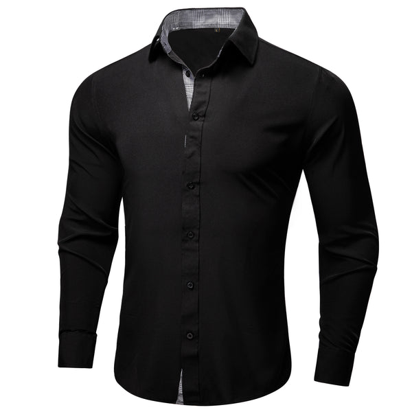 Splicing Style Black with Grey Plaid Edge Men's Solid Long Sleeve Shirt