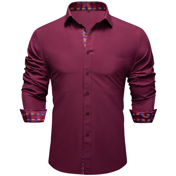 Splicing Style Burgundy Red with Red Plaid Edge Men's Solid Long Sleeve Shirt