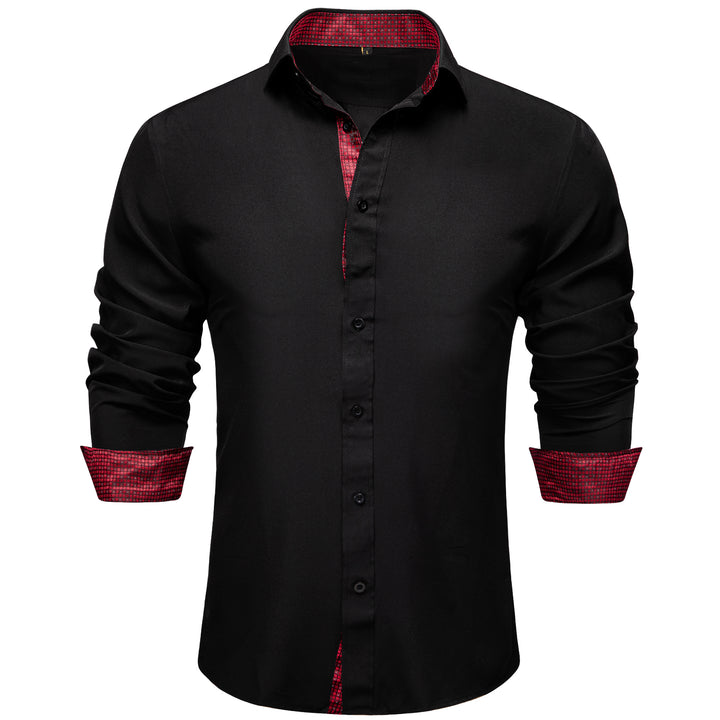 Black with Burgundy Plaid Edge Men's Solid Long Sleeve Shirt