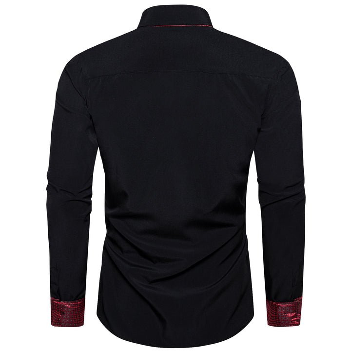 Black with Burgundy Plaid Edge Men's Solid Long Sleeve Shirt
