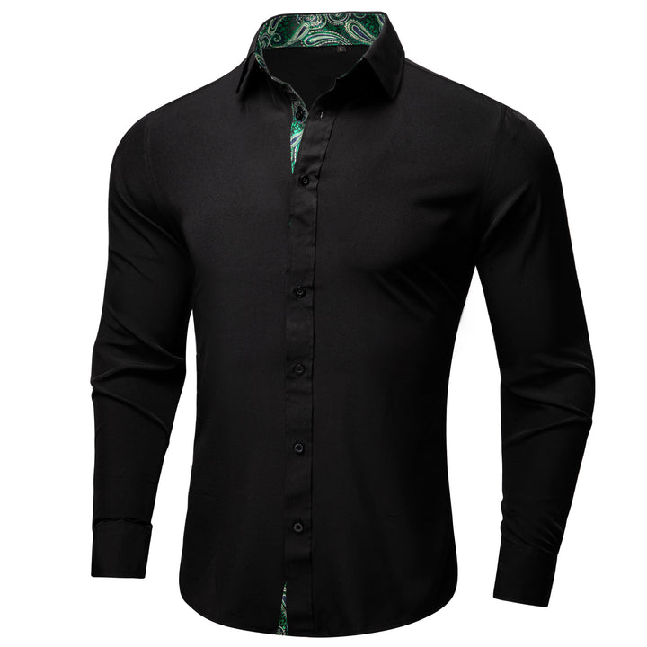 Splicing Style Black Solid with Green Paisley Edge Men's Solid Long Sleeve Shirt