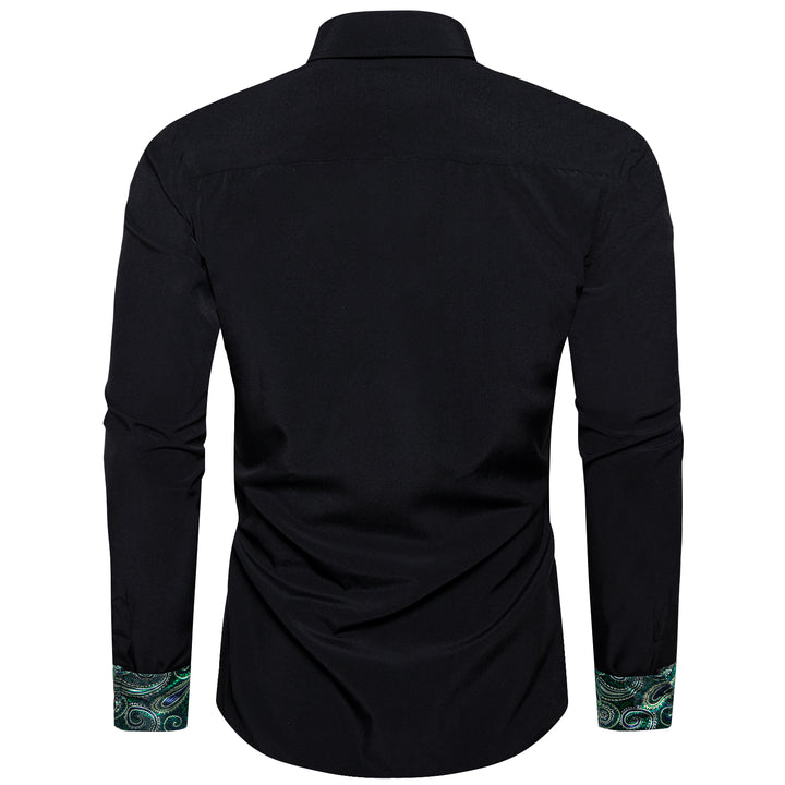 Splicing Style Black Solid with Green Paisley Edge Men's Solid Long Sleeve Shirt