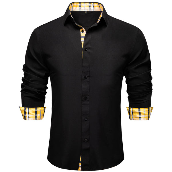 Splicing Style Black with Yellow Plaid Edge Men's Solid Long Sleeve Shirt