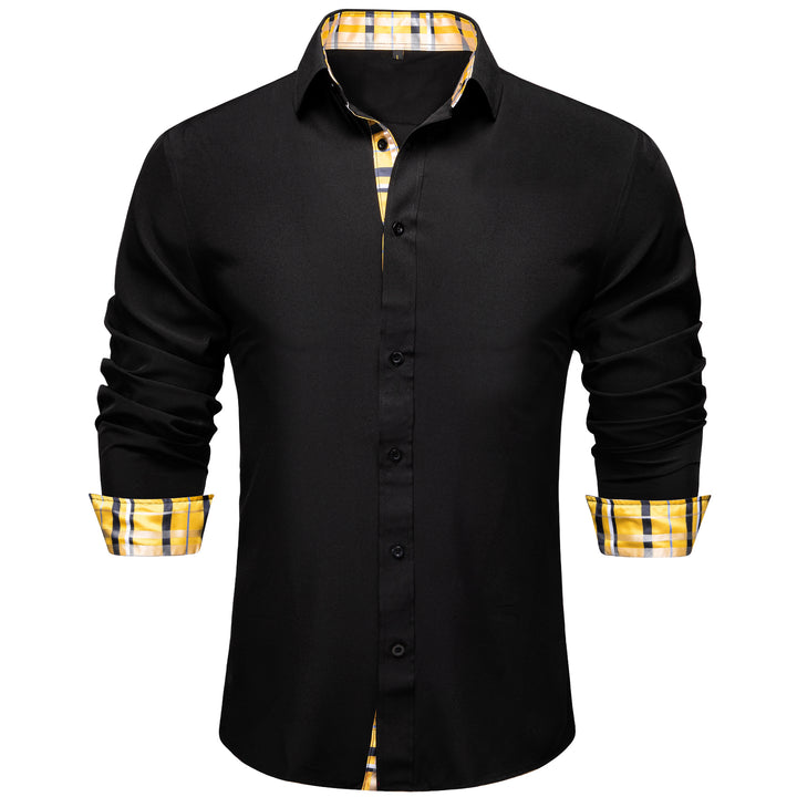 Black with Yellow Plaid Edge Men's Solid Long Sleeve Shirt