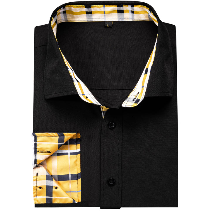 Black with Yellow Plaid Edge Men's Solid Long Sleeve Shirt