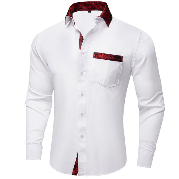 Splicing Style White with Red Paisley Edge Men's Solid Long Sleeve Shirt