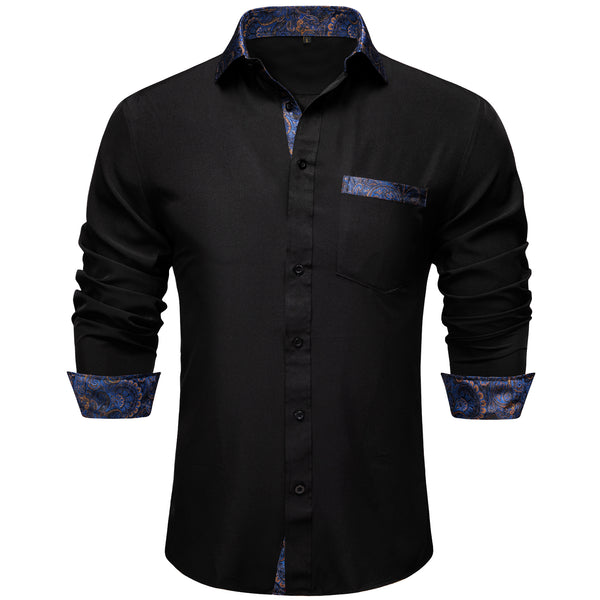 Splicing Style Black with Blue Paisley Edge Men's Solid Long Sleeve Shirt