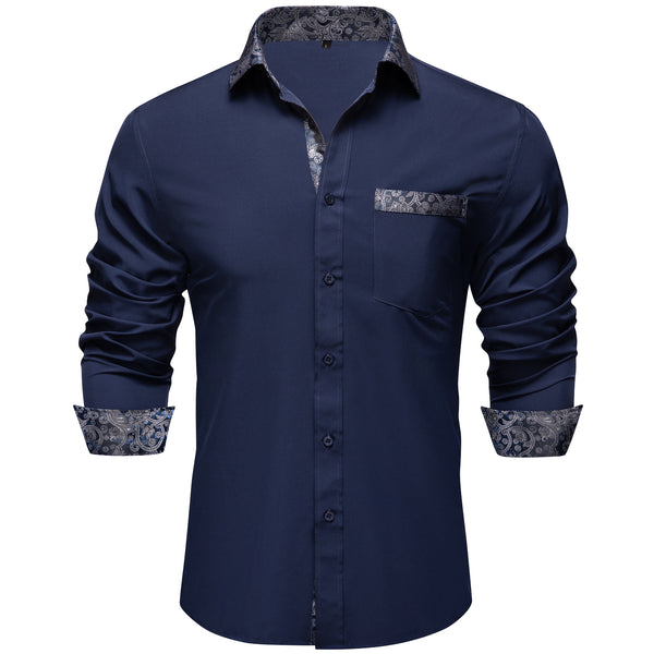 Splicing Style Dark Blue with Blue Paisley Edge Men's Solid Long Sleeve Shirt