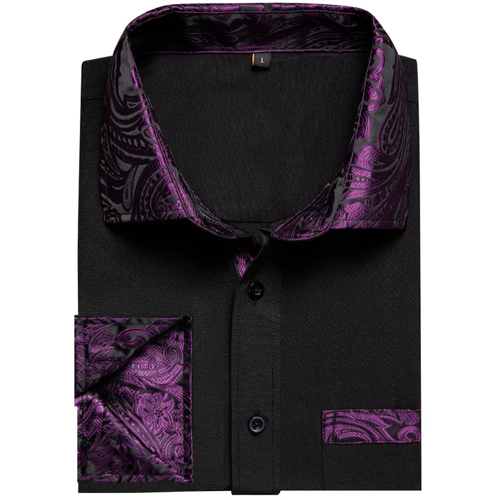 Splicing Style Black with Purple Paisley Edge Men's Solid Long Sleeve Shirt