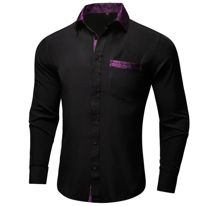 Splicing Style Black with Purple Paisley Edge Men's Solid Long Sleeve Shirt'