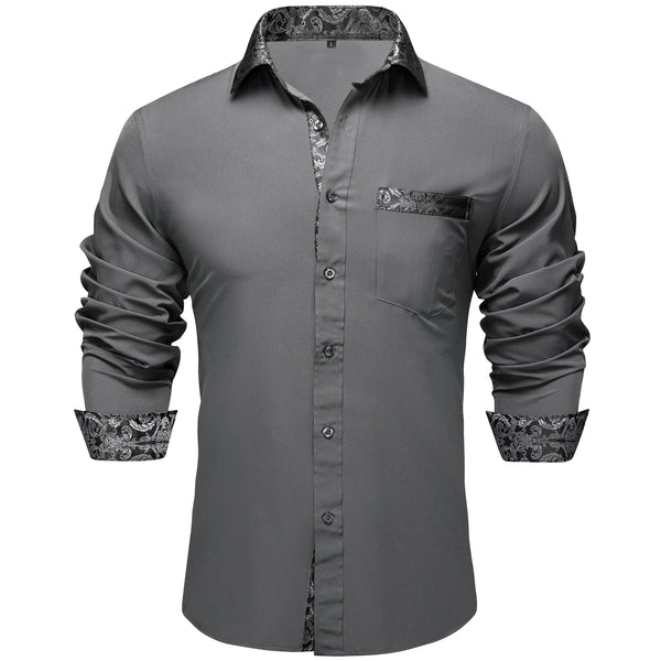 Splicing Style Grey with Black Paisley Edge Men's Solid Long Sleeve Shirt