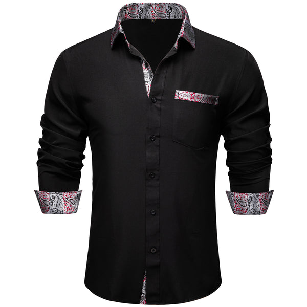 Splicing Style Black with Silver Paisley Edge Men's Solid Long Sleeve Shirt
