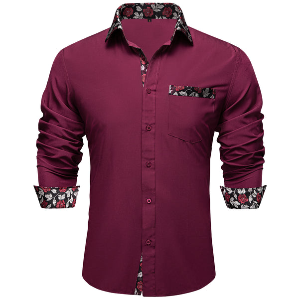 Splicing Style Burgundy Red with Black Floral Edge Men's Solid Long Sleeve Shirt