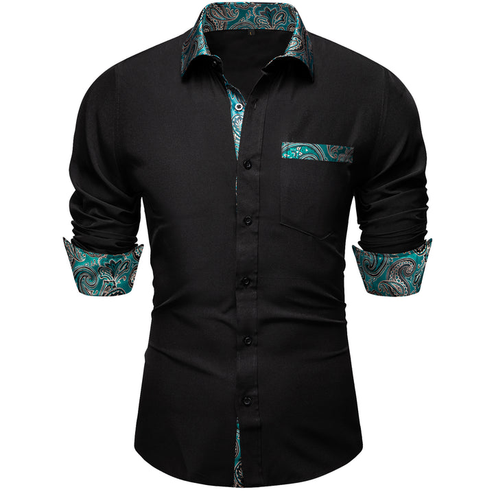 Black with Lake Blue Paisley Edge Men's Solid Long Sleeve Shirt