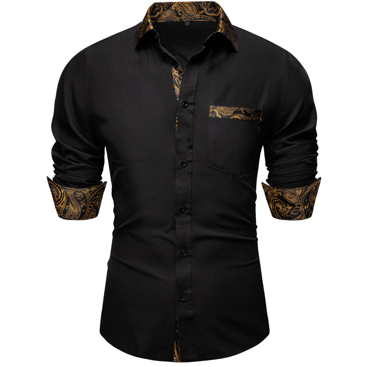 Black with Golden Paisley Edge Men's Solid Long Sleeve Shirt