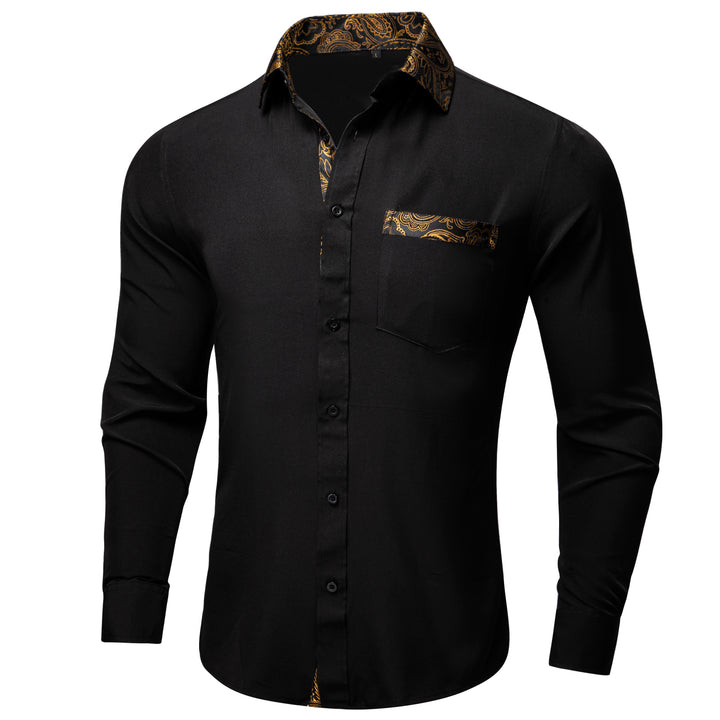 Black with Golden Paisley Edge Men's Solid Long Sleeve Shirt
