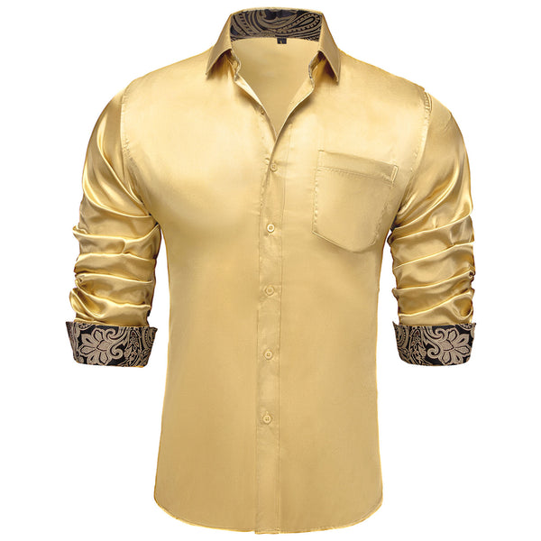 Splicing Style Champagne Golden with Black Paisley Edge Men's Solid Long Sleeve Shirt