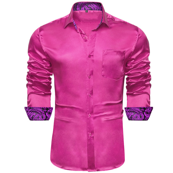 New Splicing Style Rose Red with Purple Paisley Edge Men's Long Sleeve Shirt
