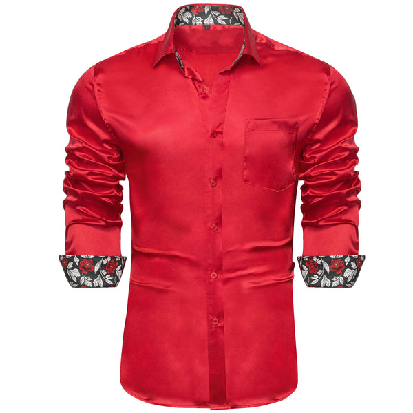 Red with Black Floral Edge Men's Long Sleeve Shirt