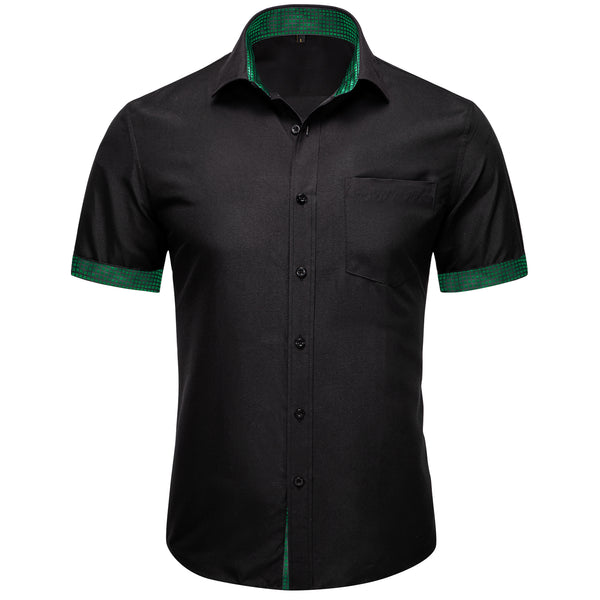 Splicing Style Black with Green Plaid Silk Men's Short Sleeve Shirt