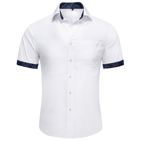 Splicing Style White with Blue Paisley Silk Men's Short Sleeve Shirt