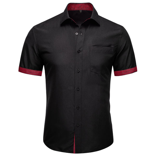 Splicing Style Black with Red Plaid Silk Men's Short Sleeve Shirt