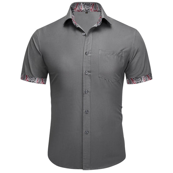 Splicing Style Grey with Silver Paisley Silk Men's Short Sleeve Shirt