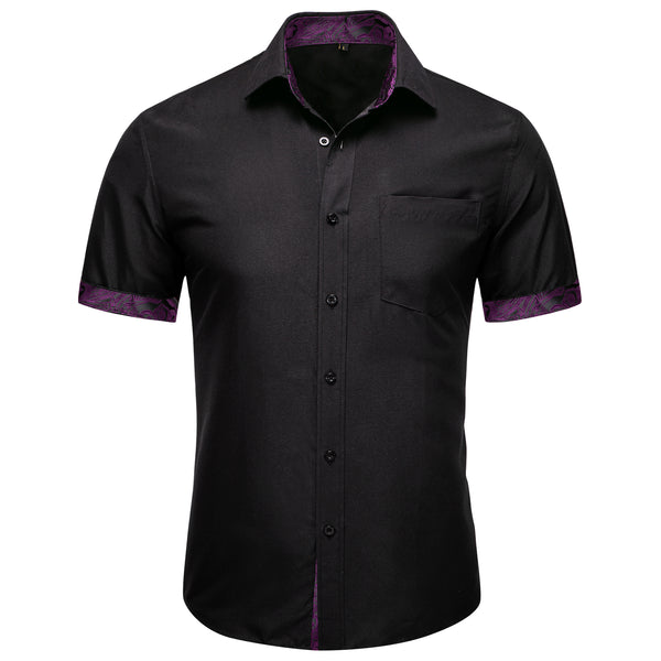 Splicing Style Black with Purple Paisley Silk Men's Short Sleeve Shirt