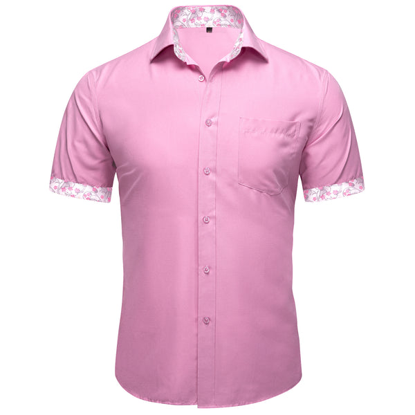 Splicing Style Pink with Pink Floral Silk Men's Short Sleeve Shirt
