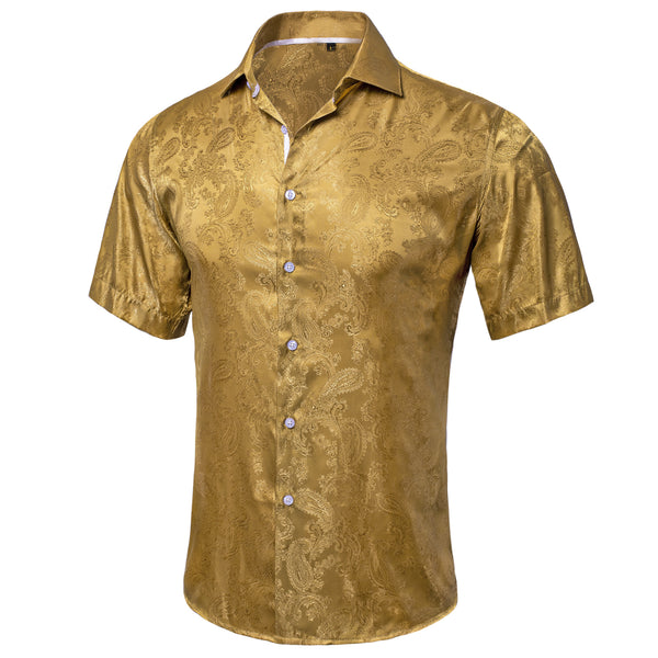 New Golden Paisley Silk Men's Short Sleeve Shirt