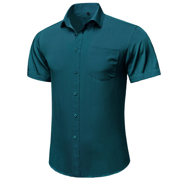 Dark Green Cotton Solid Silk Men's Short Sleeve Shirt