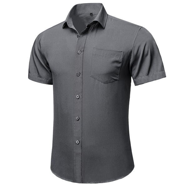 Dark Grey Cotton Solid Silk Men's Short Sleeve Shirt