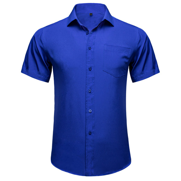 Royal Blue Cotton Solid Silk Men's Short Sleeve Shirt
