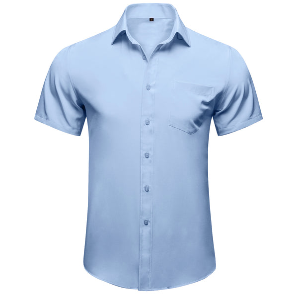 Sky Blue Cotton Solid Silk Men's Short Sleeve Shirt