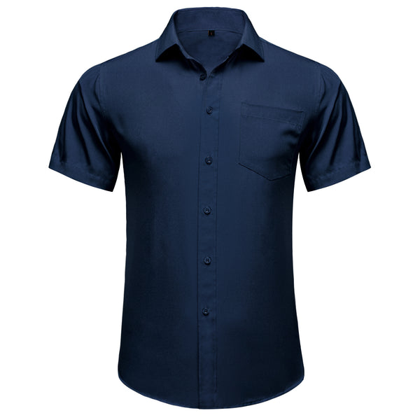 Dark Blue Cotton Solid Silk Men's Short Sleeve Shirt