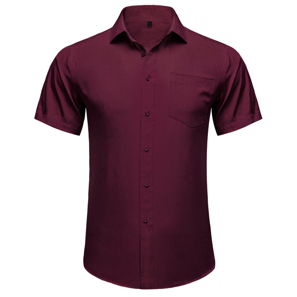 Burgundy Cotton Solid Silk Men's Short Sleeve Shirt
