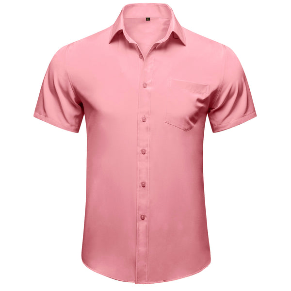 Pink Cotton Solid Silk Men's Short Sleeve Shirt