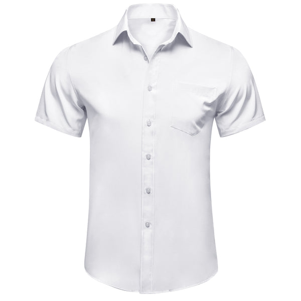 White Cotton Solid Silk Men's Short Sleeve Shirt