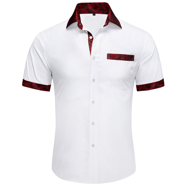 Splicing Style White with Red Paisley Silk Men's Short Sleeve Shirt