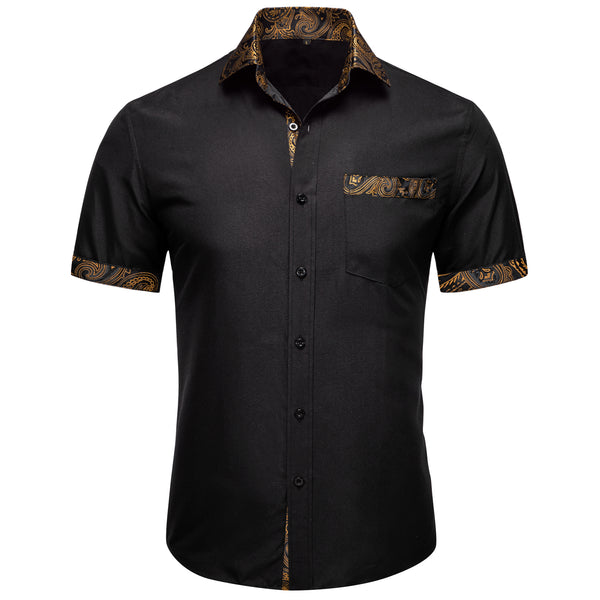 Splicing Style Black with Brown Paisley Silk Men's Short Sleeve Shirt