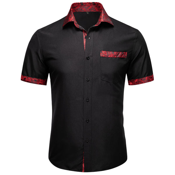Splicing Style Black with Red Paisley Silk Men's Short Sleeve Shirt